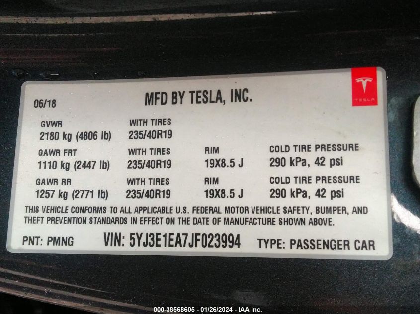 2018 TESLA MODEL 3 - 5YJ3E1EA7JF023994