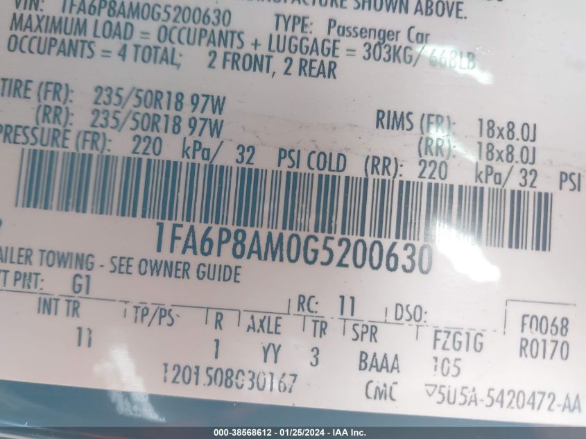 2016 FORD MUSTANG - 1FA6P8AM0G5200630