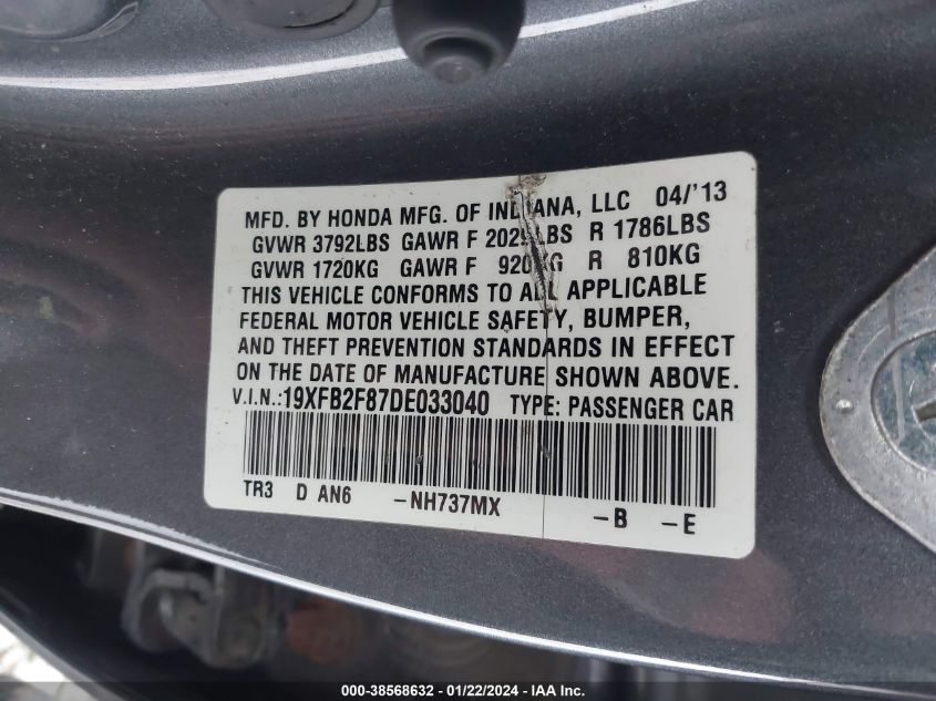 2013 HONDA CIVIC EX - 19XFB2F87DE033040