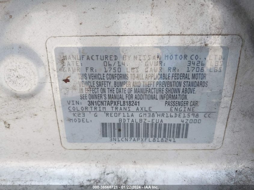 2015 NISSAN VERSA 1.6 S/1.6 S+/1.6 SL/1.6 SV - 3N1CN7APXFL818241