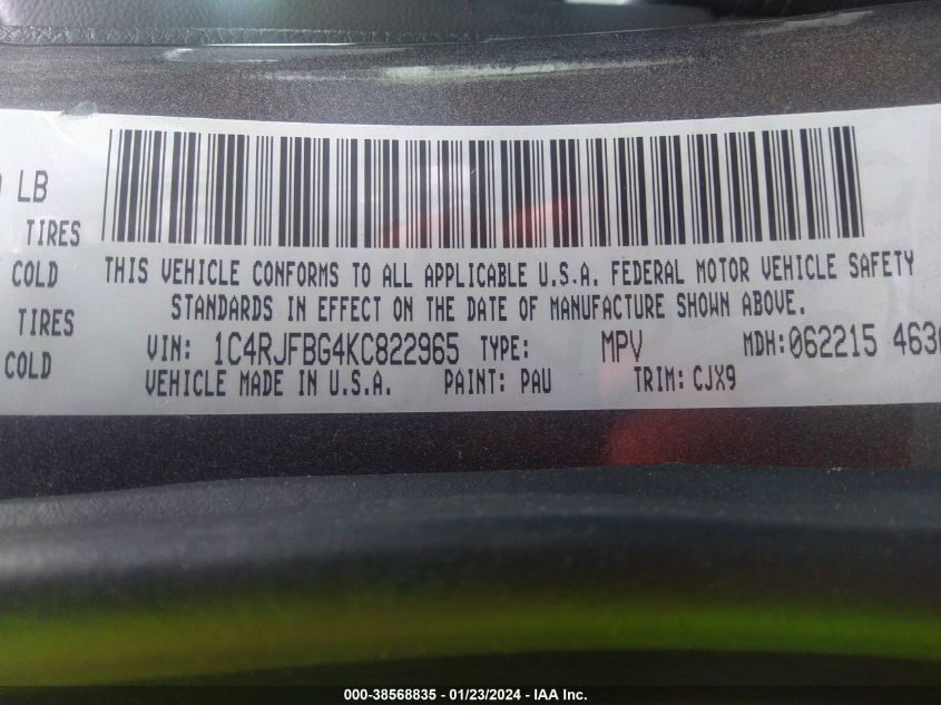 VIN 1C4RJFBG4KC822965 2019 JEEP GRAND CHEROKEE LIMITED 4X4
