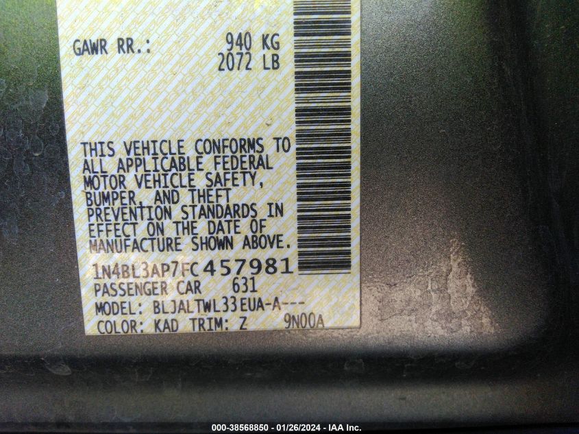 2015 NISSAN ALTIMA 3.5 S/3.5 SL/3.5 SV - 1N4BL3AP7FC457981