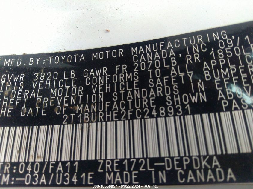 2015 TOYOTA COROLLA L - 2T1BURHE2FC248931