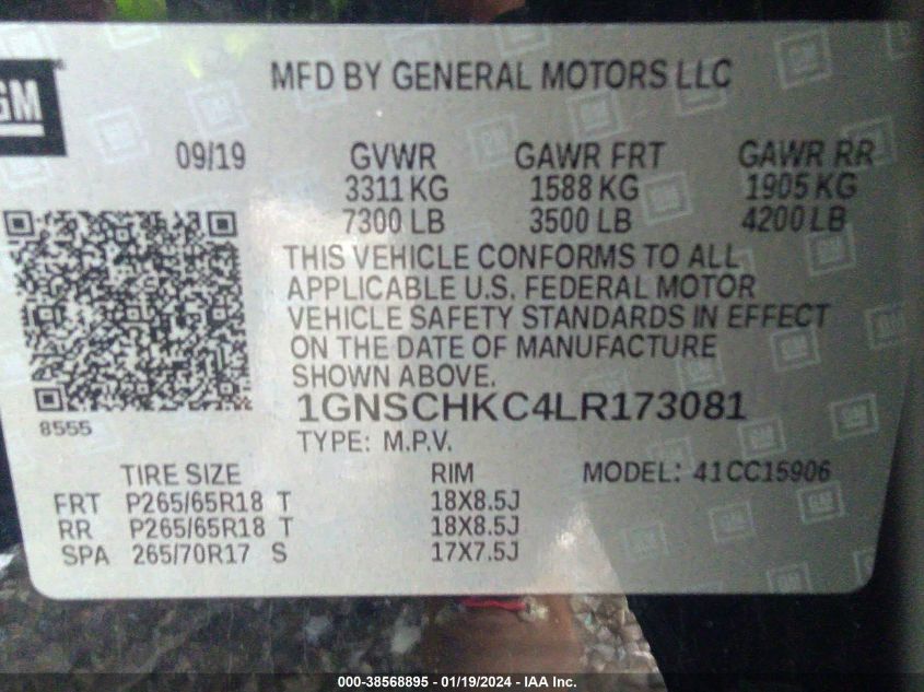 2020 CHEVROLET SUBURBAN C1500 LT - 1GNSCHKC4LR173081