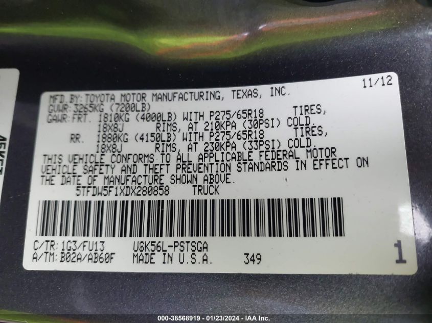 2013 TOYOTA TUNDRA GRADE 5.7L V8 - 5TFDW5F1XDX280858