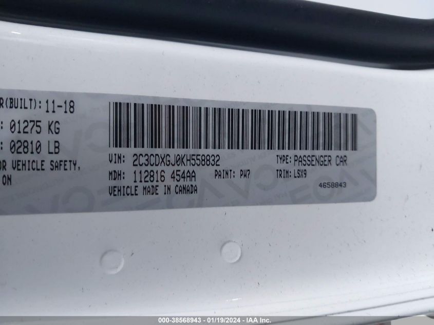 2019 DODGE CHARGER SCAT PACK - 2C3CDXGJ0KH558832