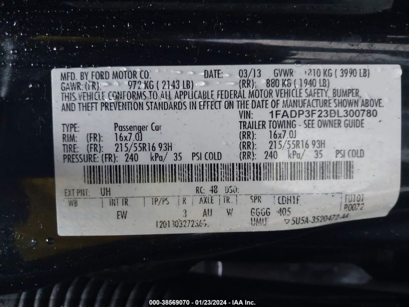 2013 FORD FOCUS SE - 1FADP3F23DL300780