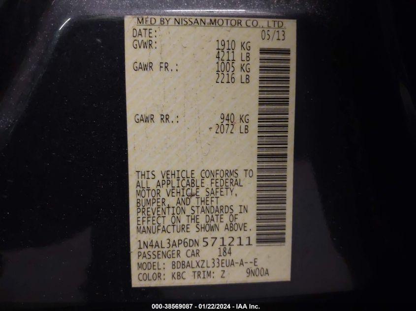 2013 NISSAN ALTIMA 2.5/S/SV/SL - 1N4AL3AP6DN571211