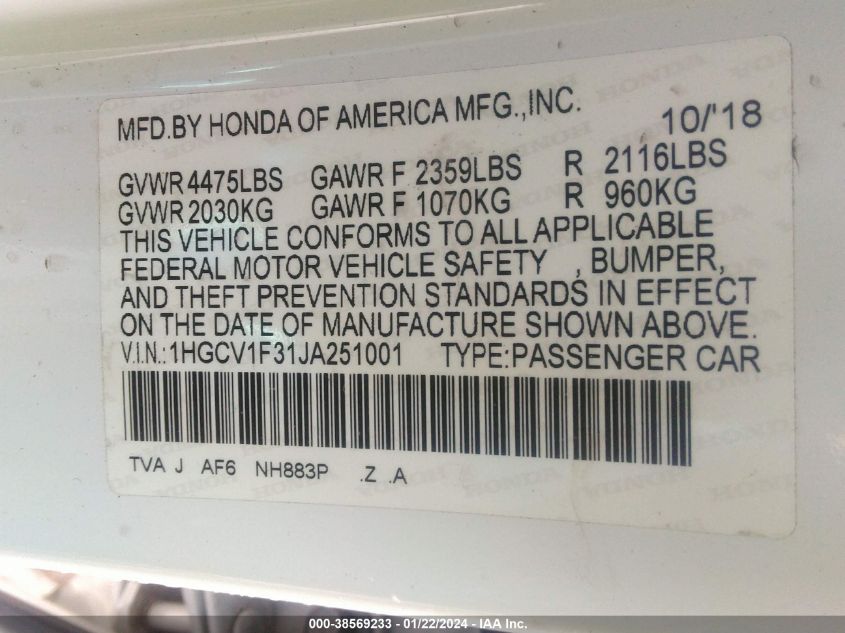 2018 HONDA ACCORD SPORT - 1HGCV1F31JA251001