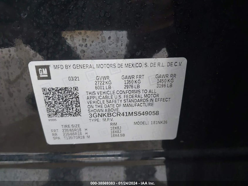 VIN 3GNKBCR41MS549058 2021 CHEVROLET BLAZER FWD 2LT