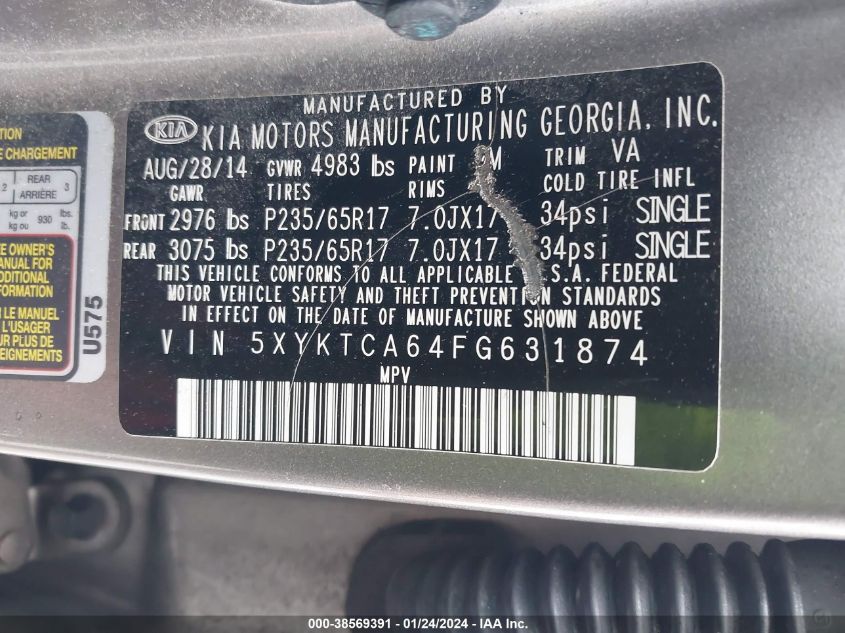 2015 KIA SORENTO LX - 5XYKTCA64FG631874