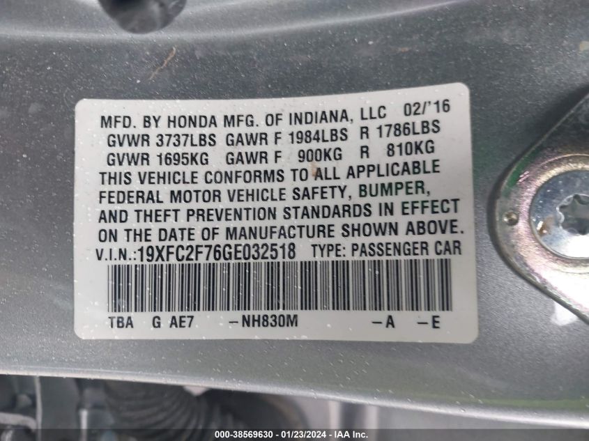 2016 HONDA CIVIC EX - 19XFC2F76GE032518