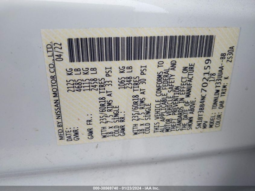 2022 NISSAN ROGUE SV - 5N1BT3BB4NC702159