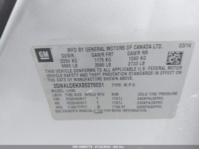2014 CHEVROLET EQUINOX 2LT - 2GNALCEKXE6278031