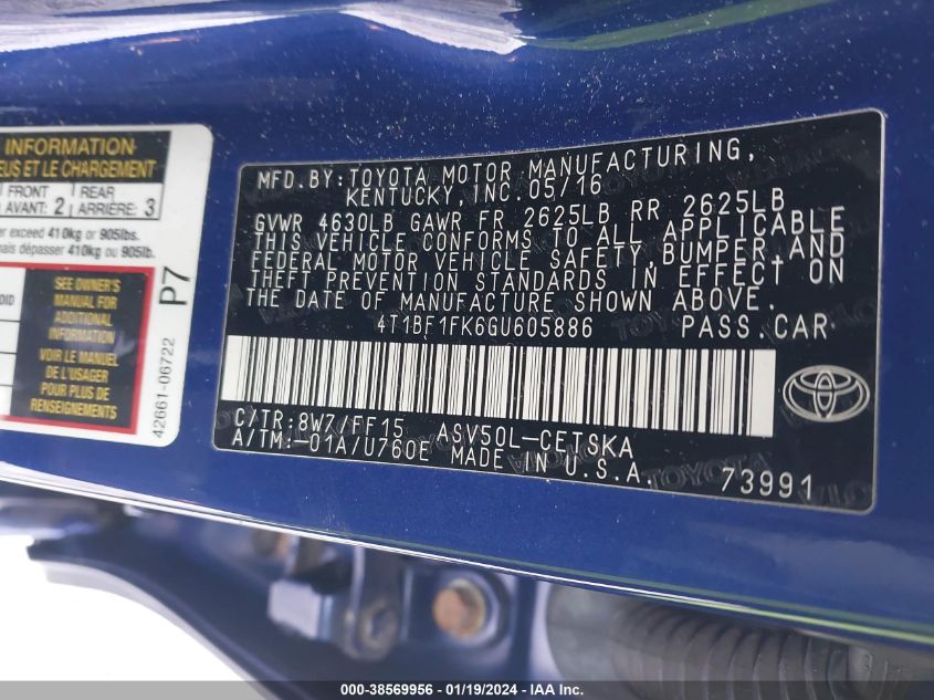 2016 TOYOTA CAMRY LE/XLE/SE/XSE - 4T1BF1FK6GU605886
