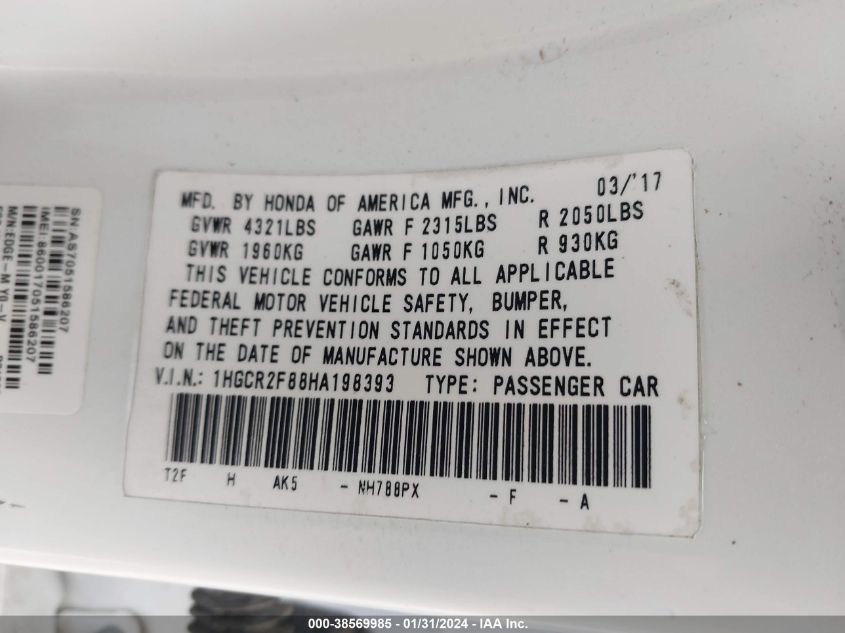 2017 HONDA ACCORD EXL - 1HGCR2F88HA198393