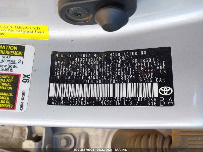 2014 TOYOTA COROLLA L - 5YFBURHE3EP011914