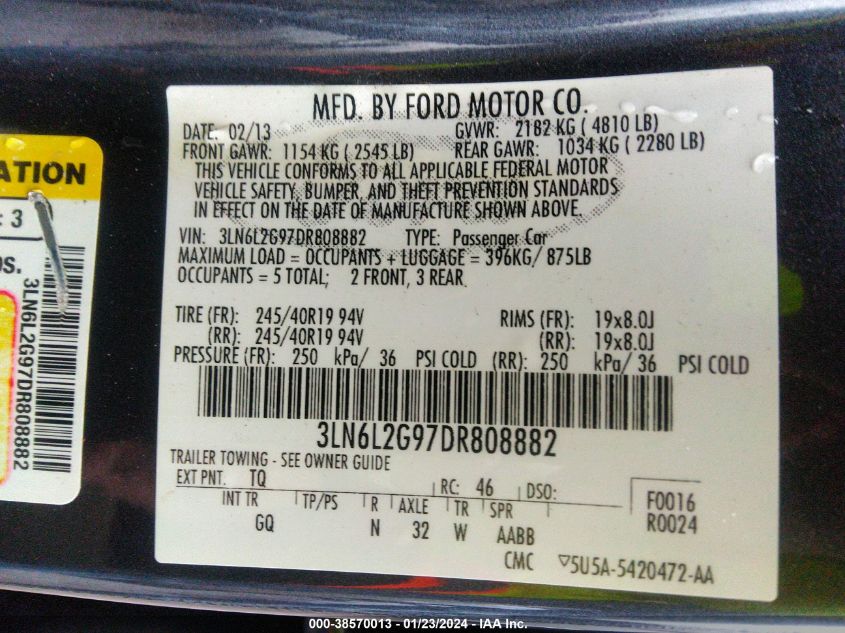 2013 LINCOLN MKZ - 3LN6L2G97DR808882