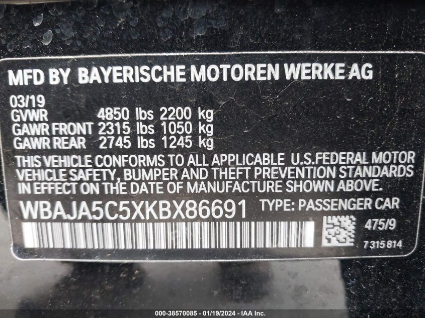 2019 BMW 530I WBAJA5C5XKBX86691