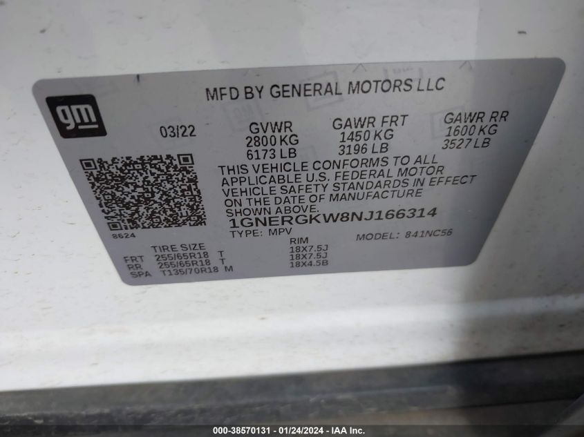 2022 CHEVROLET TRAVERSE FWD LT CLOTH - 1GNERGKW8NJ166314