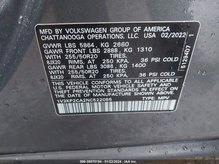 2022 VOLKSWAGEN ATLAS SE - 1V2KP2CA2NC522055