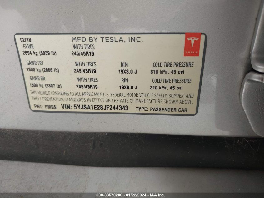 2018 TESLA MODEL S 100D/75D/P100D - 5YJSA1E28JF244343