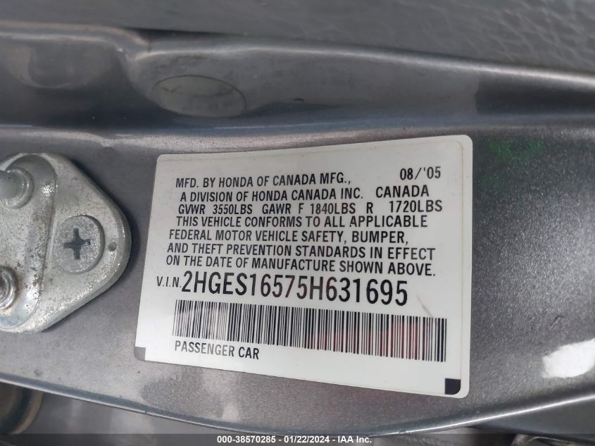 2HGES16575H631695 | 2005 HONDA CIVIC