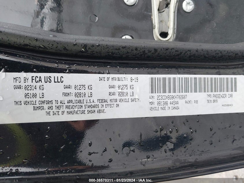 VIN 2C3CDXBG8KH702607 2019 DODGE CHARGER SXT