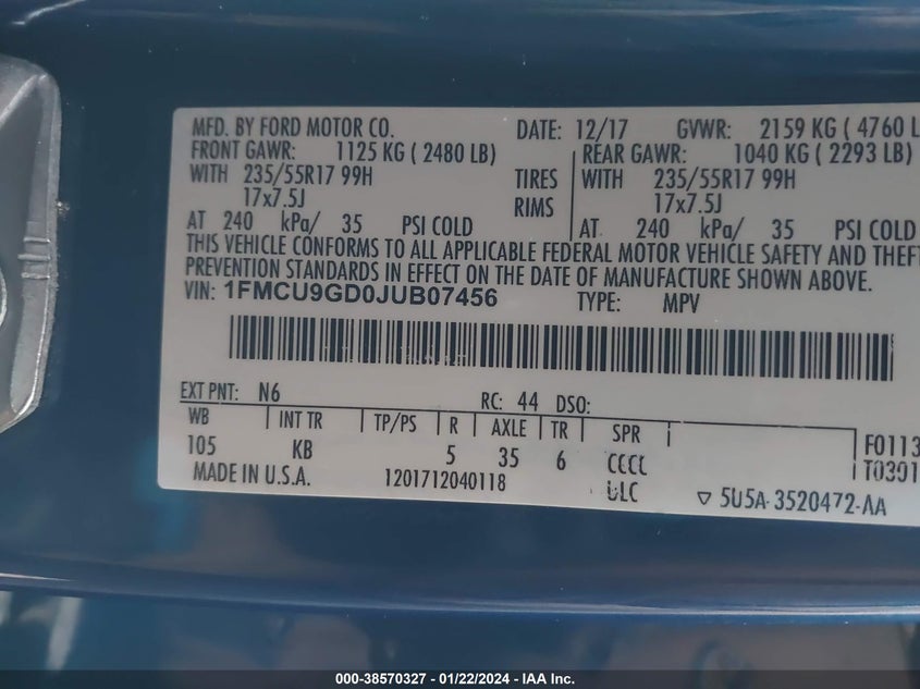 VIN 1FMCU9GD0JUB07456 2018 FORD ESCAPE SE