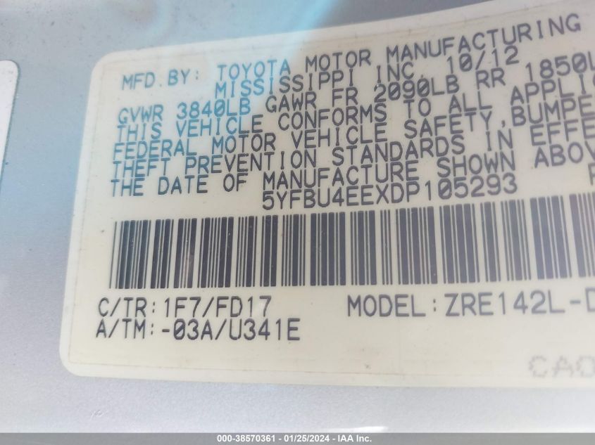 2013 TOYOTA COROLLA S/LE - 5YFBU4EEXDP105293