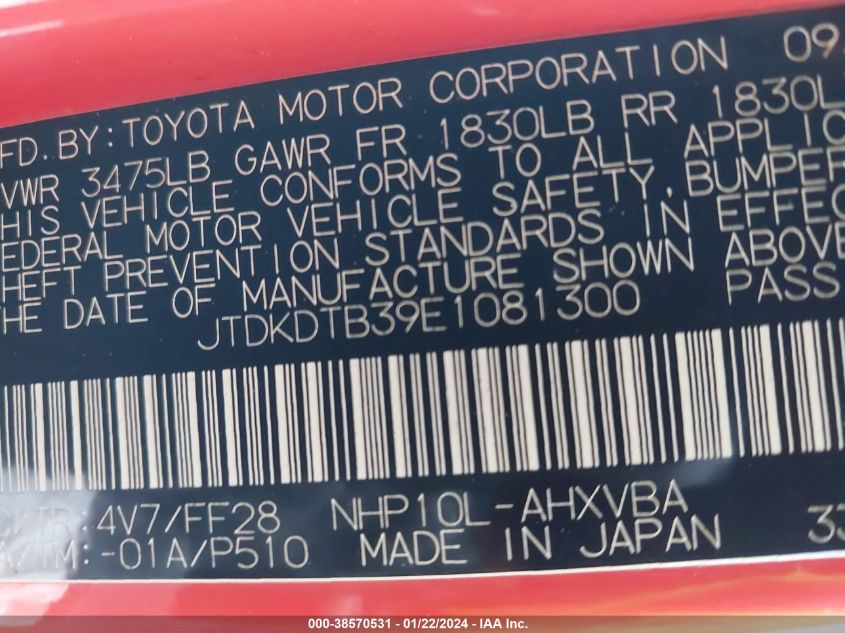 2014 TOYOTA PRIUS C TWO - JTDKDTB39E1081300
