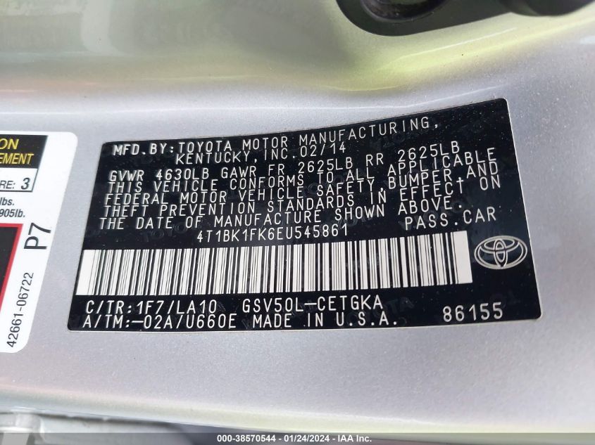 2014 TOYOTA CAMRY XLE V6 - 4T1BK1FK6EU545861