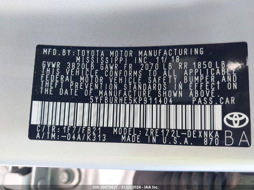 2019 TOYOTA COROLLA L/LE/XLE/SE/XSE - 5YFBURHE5KP911404