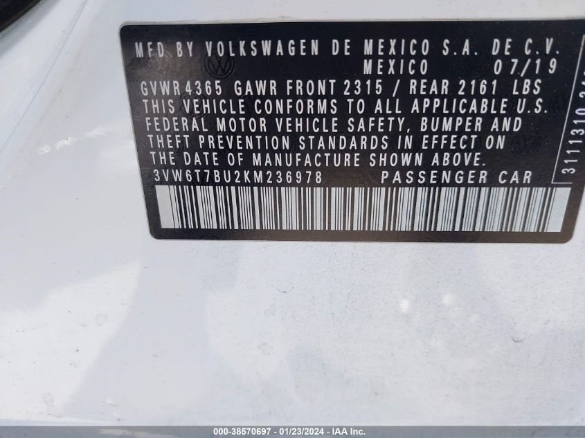 2019 VOLKSWAGEN JETTA GLI 2.0T 35TH ANNIVERSARY EDITION/2.0T AUTOBAHN/2.0T S - 3VW6T7BU2KM236978