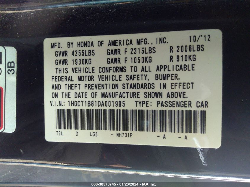 2013 HONDA ACCORD EXL - 1HGCT1B81DA001995
