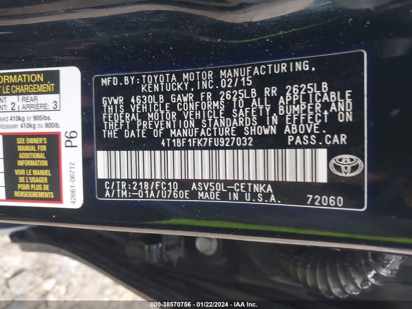 2015 TOYOTA CAMRY LE/XLE/SE/XSE - 4T1BF1FK7FU927032