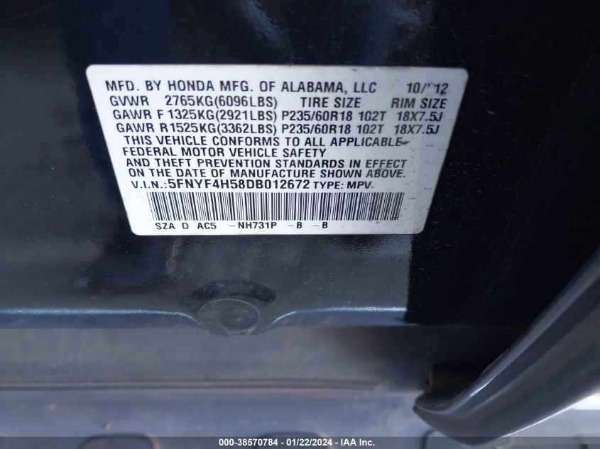 2013 HONDA PILOT EXL - 5FNYF4H58DB012672