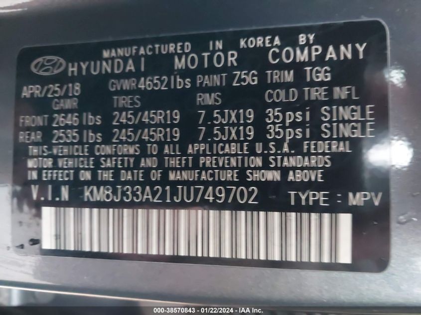 2018 HYUNDAI TUCSON LIMITED/SPORT AND ECO/SE - KM8J33A21JU749702