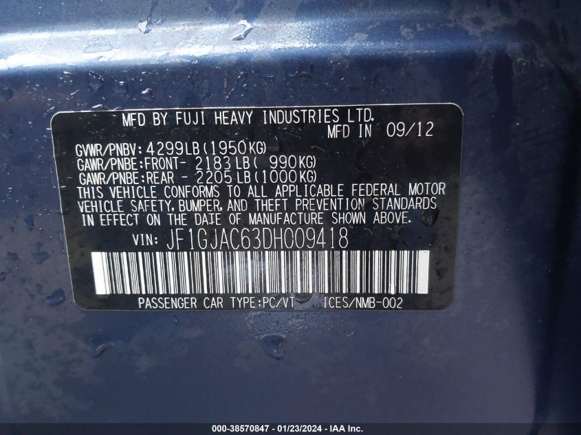 2013 SUBARU IMPREZA 2.0I PREMIUM - JF1GJAC63DH009418