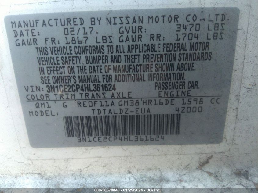 2017 NISSAN VERSA NOTE S/S PLUS/SV/SL/SR - 3N1CE2CP4HL361624
