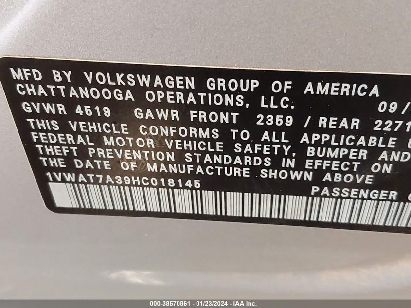 2017 VOLKSWAGEN PASSAT 1.8T S - 1VWAT7A39HC018145