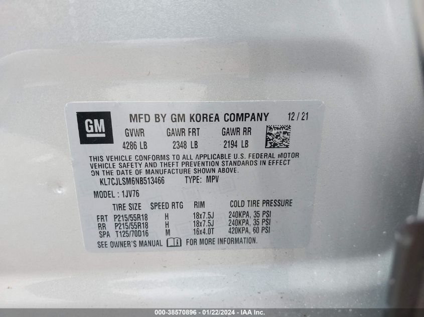 2022 CHEVROLET TRAX 1LT - KL7CJLSM6NB513466