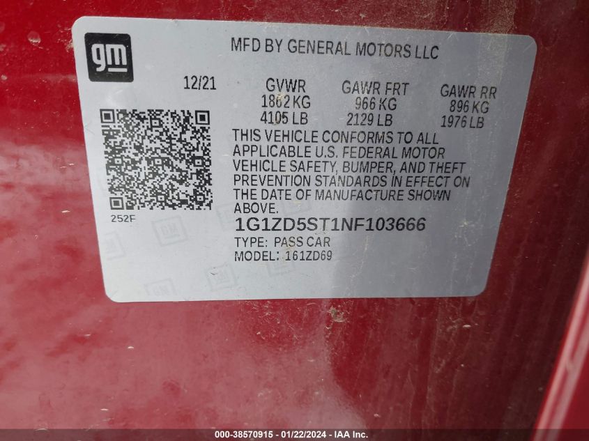 2022 CHEVROLET MALIBU LT - 1G1ZD5ST1NF103666