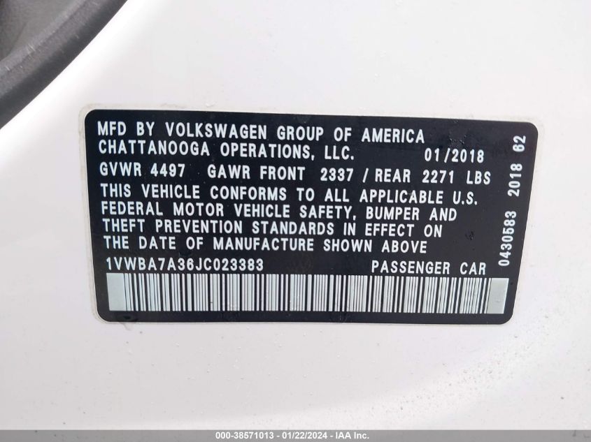 2018 VOLKSWAGEN PASSAT SE - 1VWBA7A36JC023383