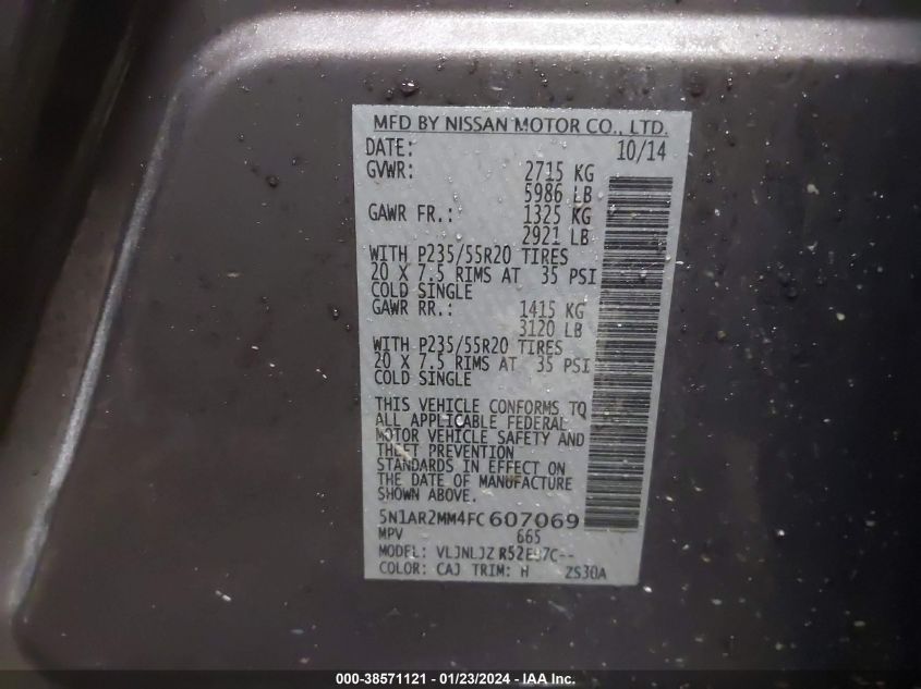 2015 NISSAN PATHFINDER S/SV/SL/PLATINUM - 5N1AR2MM4FC607069