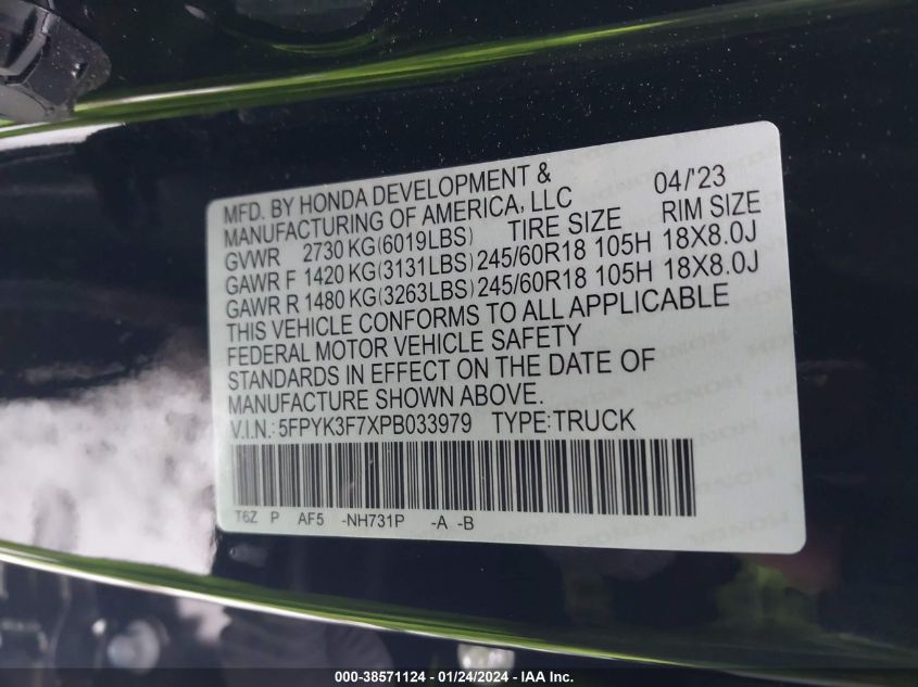 2023 HONDA RIDGELINE RTL-E - 5FPYK3F7XPB033979
