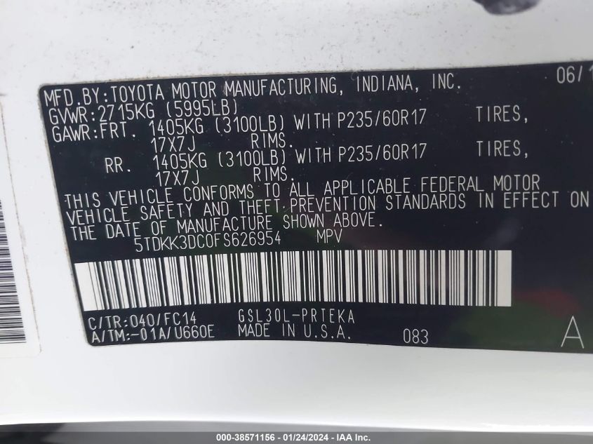 2015 TOYOTA SIENNA LE 8 PASSENGER - 5TDKK3DC0FS626954