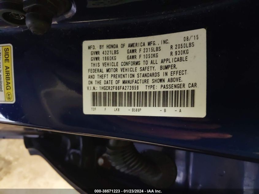 2015 HONDA ACCORD EXL - 1HGCR2F86FA273959
