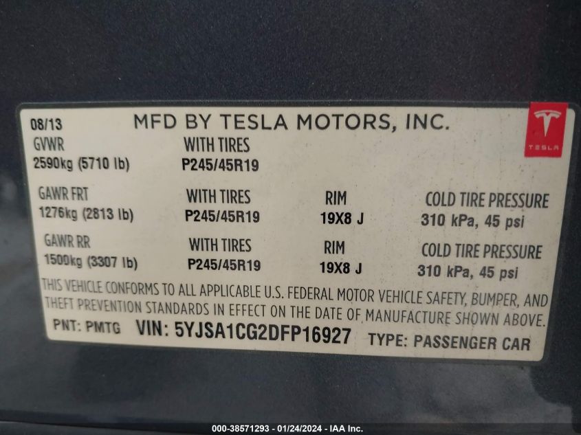2013 TESLA MODEL S - 5YJSA1CG2DFP16927
