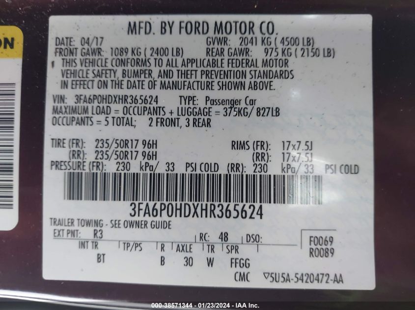 2017 FORD FUSION SE - 3FA6P0HDXHR365624